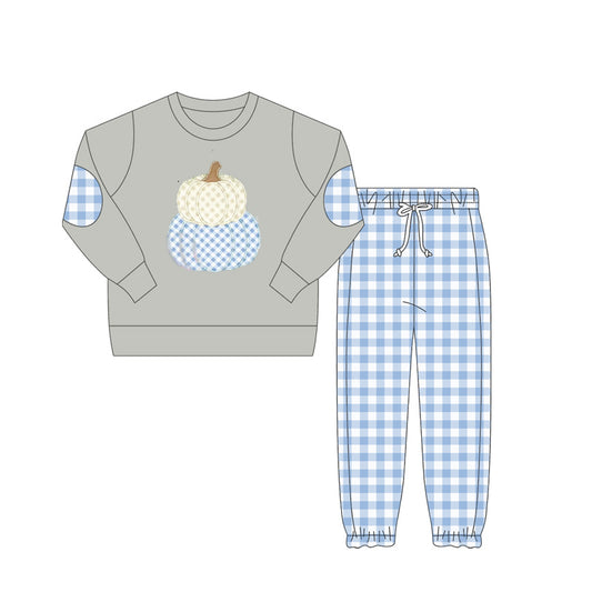 preorder BLP1099 Boys Boutique Pumpkin Gray Long Sleeve Blue Plaid Pants Set 202506