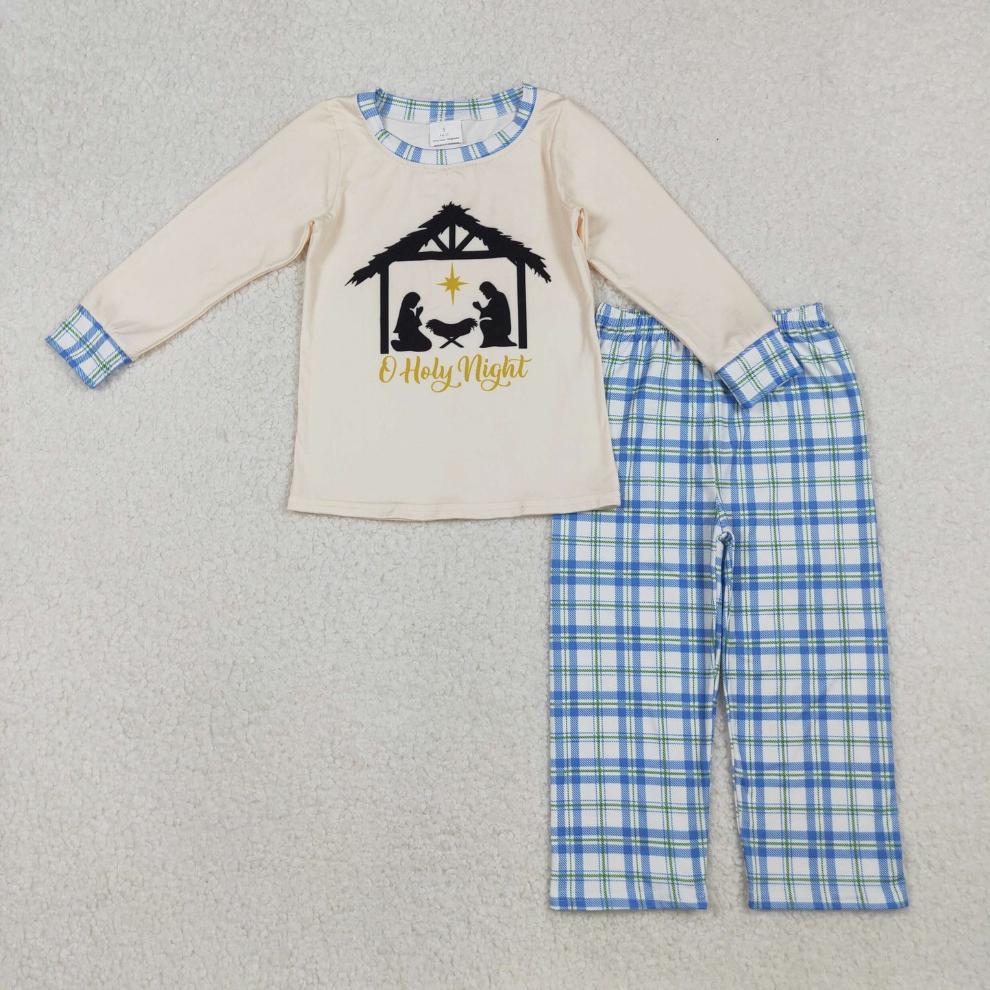 BLP1100-XS-3XL Boys Boutique Holy Night Jesus Beige Long Sleeve Blue Plaid Pants Set 202510 RTS