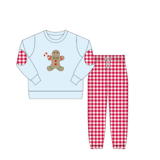 preorder BLP1101 Boys Boutique Gingerbread Man Light Blue Long Sleeve Red Plaid Pants Set 202506
