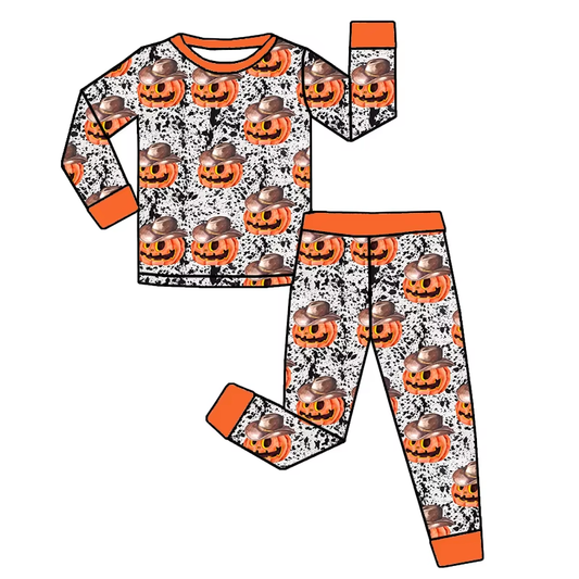 preorder BLP1102 Boys Boutique Pumpkin Cowboy Orange Long Sleeve Pants Pajamas Set 202506