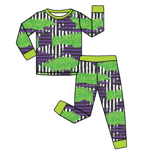 preorder  BLP1104 Boys Boutique Halloween Clown Striped Green Purple Long Sleeve Pants Pajamas Set 202506