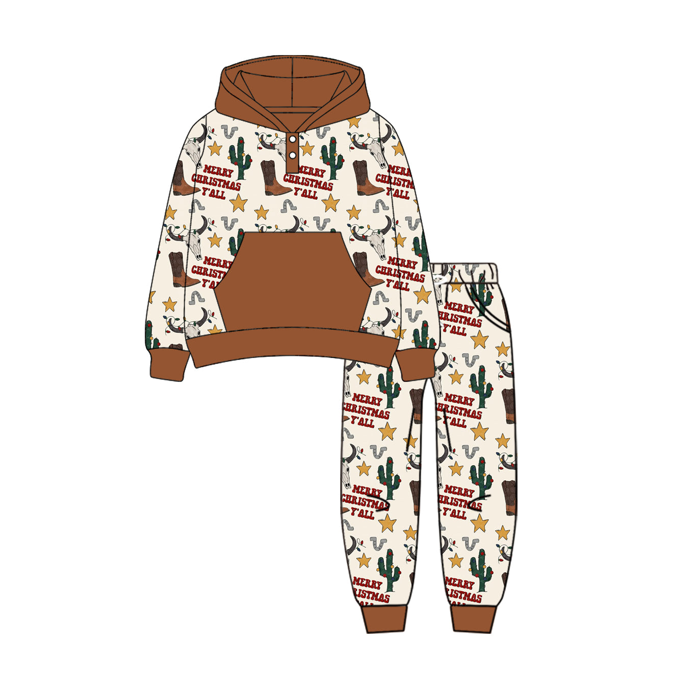 preorder BLP1106 Boys Boutique Cowboy Cactus Brown Hooded Long Sleeve Pants Set 202506