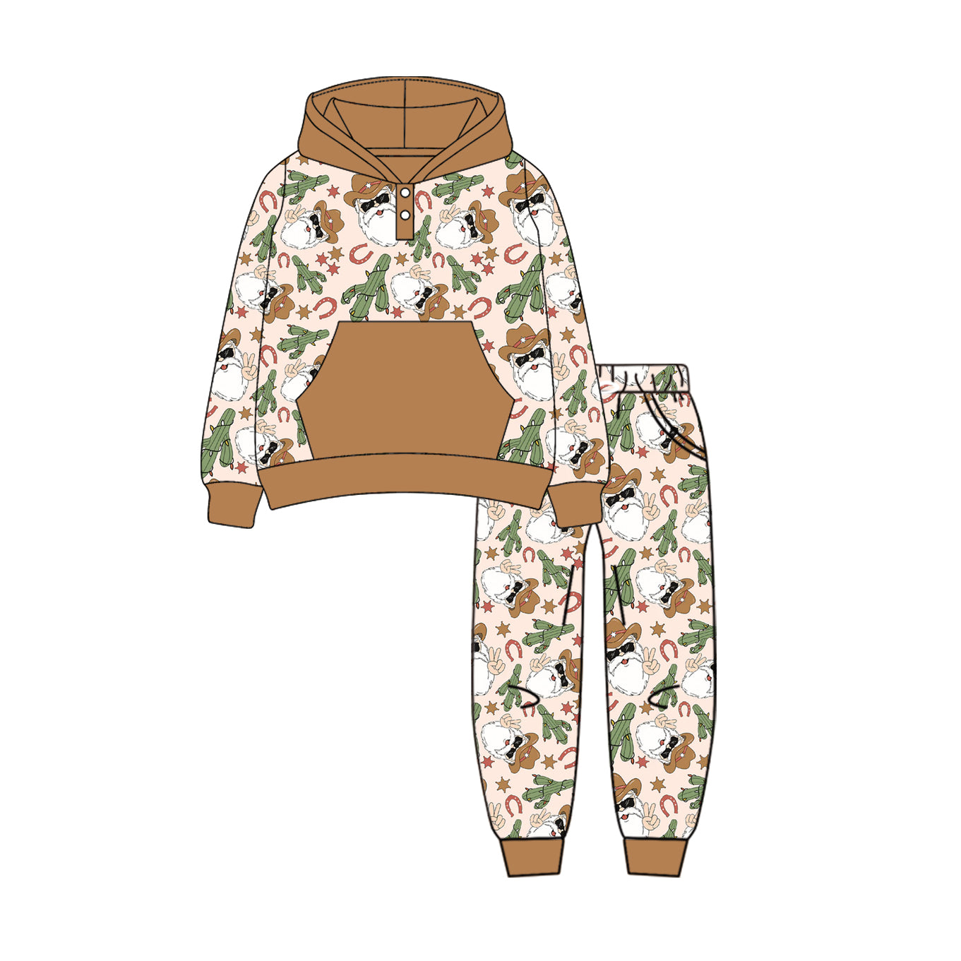 preorder BLP1107 Boys Boutique Cowboy Cactus Santa Claus Brown Hooded Long Sleeve Pants Set 202506