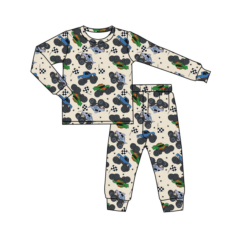preorder BLP1109 Boys Boutique Trucks Plaid Flag Long Sleeve Pajamas Pants Set 202506