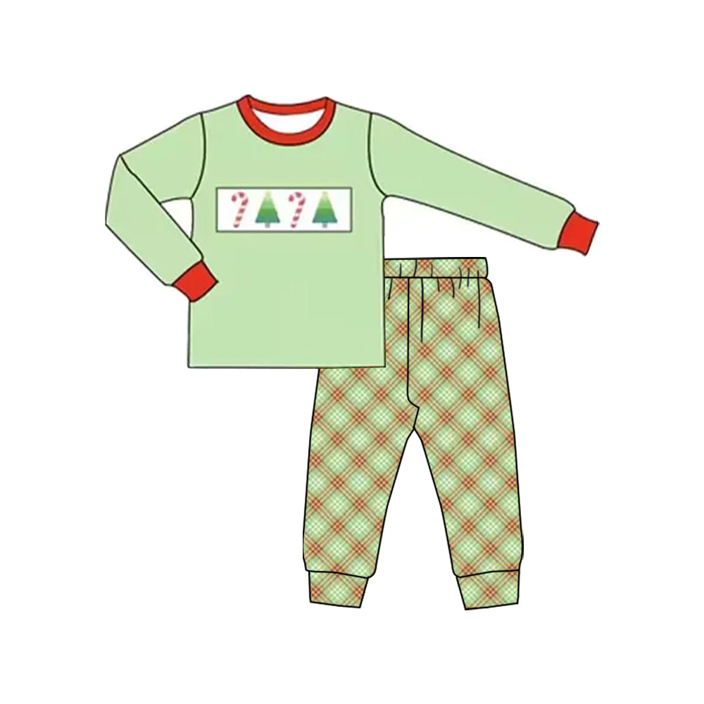 preorder BLP1111 Boys Boutique Christmas Tree Green Long Sleeve Plaid Pants Set 202506