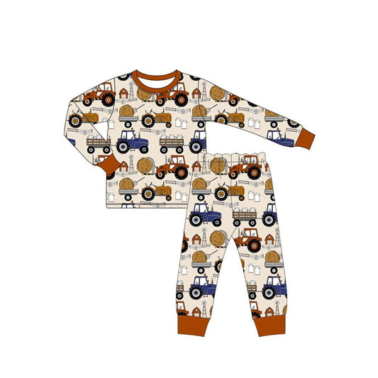 preorder BLP1113 Boys Boutique Farm Haystack Tractor Beige Long Sleeve Pants Pajamas Set 202506