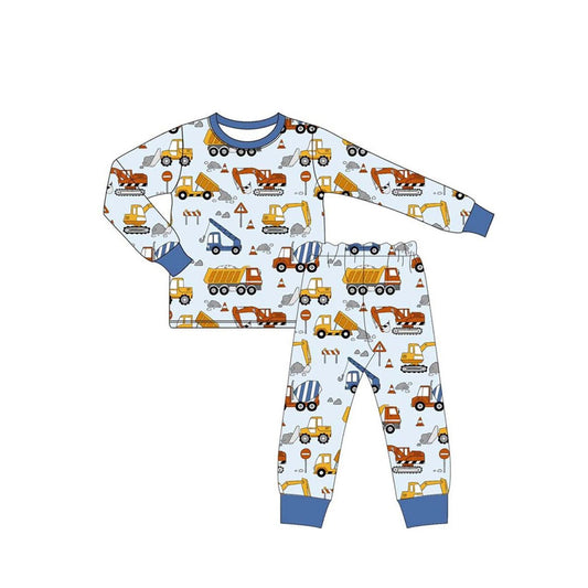 preorder BLP1114 Boys Boutique Engineering Car Blue Long Sleeve Pants Pajamas Set 202506