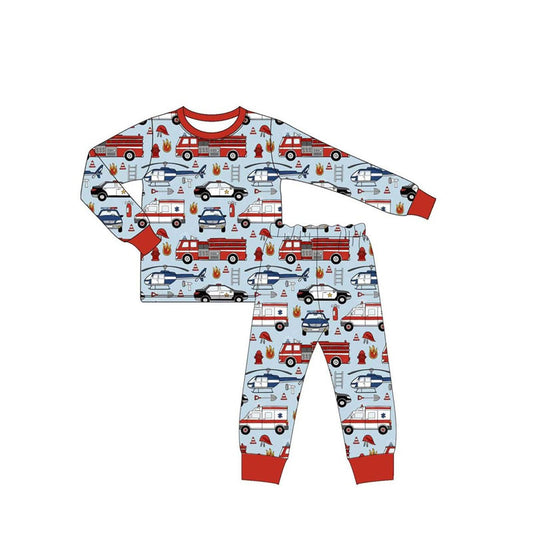 preorder BLP1115 Boys Boutique Fire Engine Red Blue Long Sleeve Pants Pajamas Set 202506