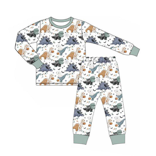 preorder  BLP1117 Boys Boutique Halloween Pumpkin Dinosaur White Green Long Sleeve Pants Pajamas Set 202506