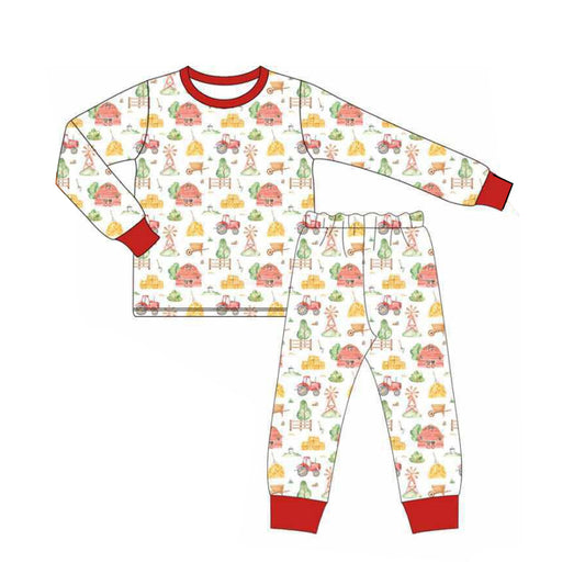 preorder BLP1118 Boys Boutique Farm Red House Windmill Red White Long Sleeve Pants Pajamas Set 202506