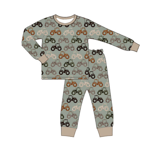 preorder BLP1119 Boys Boutique Trucks Brown Green Long Sleeve Pants Pajamas Set 202506