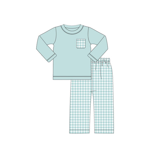 preorder BLP1122 Boys Boutique Blue Green Plaid Pocket Long Sleeve Pants Set 202506