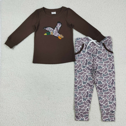 BLP1123 Boys Boutique Embroidered Duck Hunting Camo Brown Long Sleeve Pants Set 202507 RTS