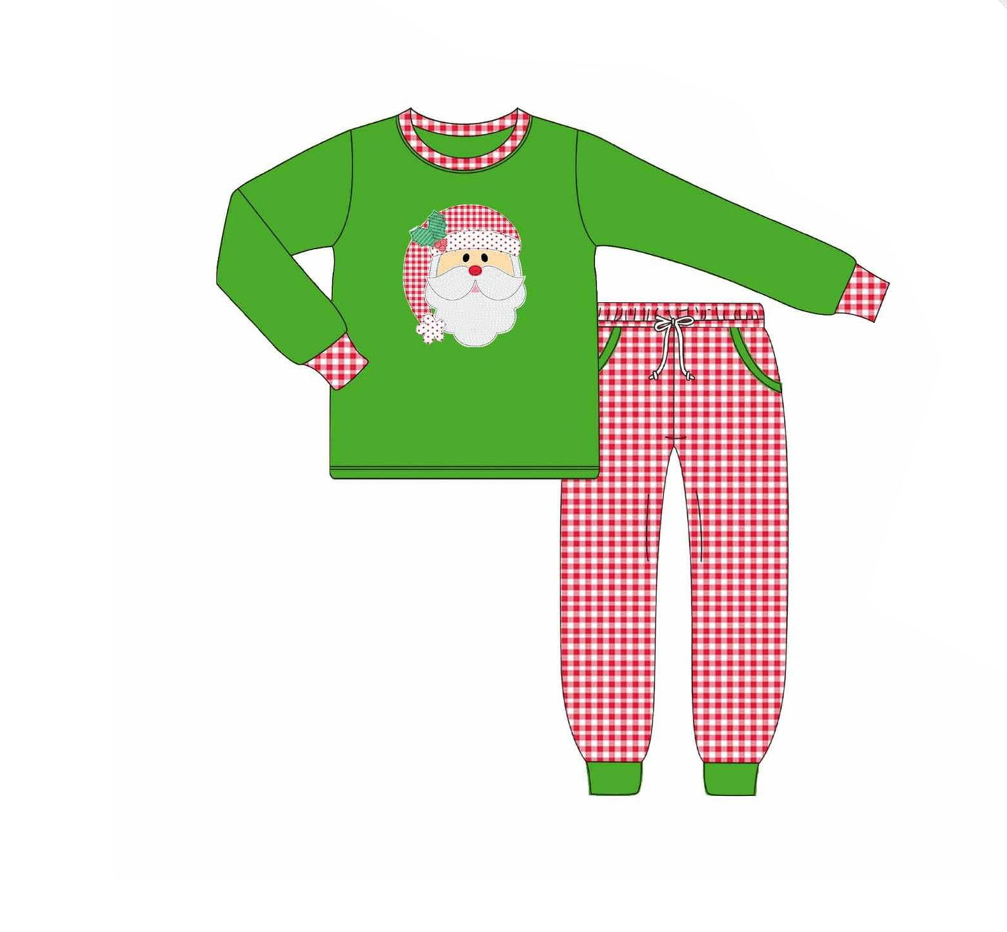 preorder BLP1127 Boys Boutique Santa Claus Green Long Sleeve Red Plaid Pants Pajamas Set 202506