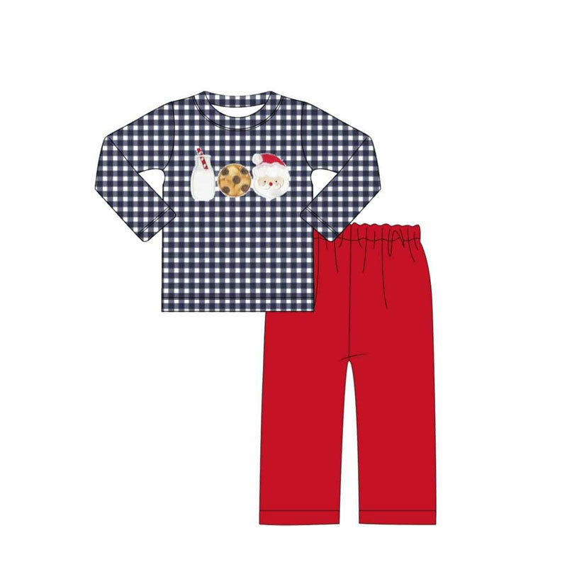 preorder BLP1131 Boys Boutique Milk Cookies Santa Claus Black Plaid Long Sleeve Red Pants Set 202506