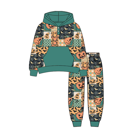 preorder  BLP1133 Boys Boutique Halloween Pumpkin Plaid Green Pocket Hooded Long Sleeve Pants Set 202506