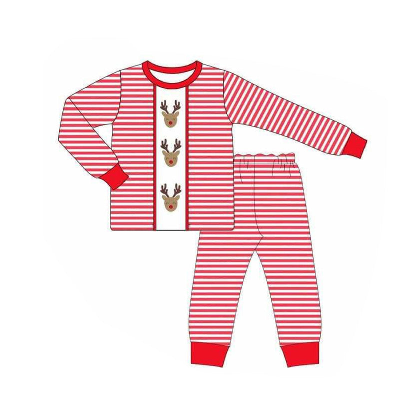 preorder BLP1134 Boys Boutique Christmas Reindeer Red Striped Long Sleeve Long Pants Pajama Set 202506