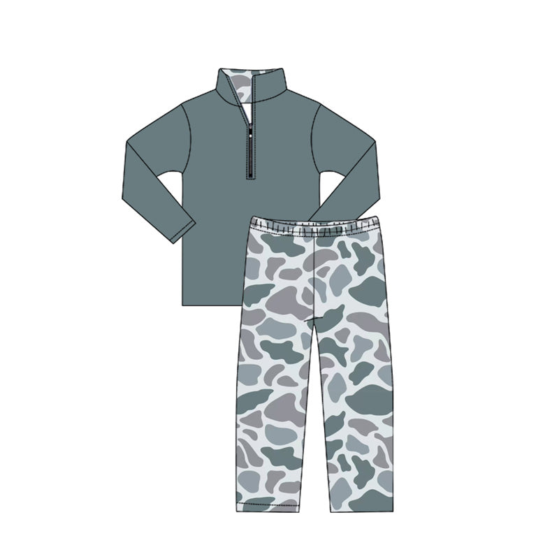 preorder BLP1140 Boys Boutique Gray Green Stand-up Long Sleeve Camo Pants Set 202506