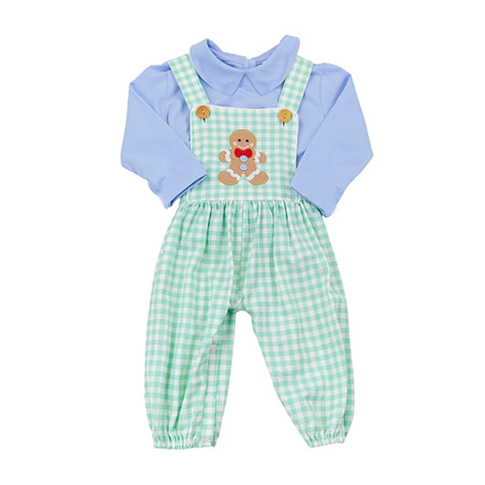 preorder  BLP1145 Boys Boutique Gingerbread Man Blue Long Sleeve Green Plaid Overalls Jumpsuits Pants Set 202506
