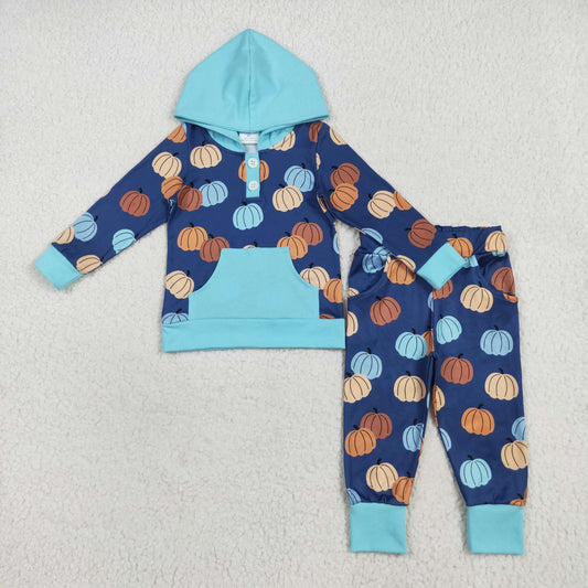 BLP1154 Halloween Pumpkin Boys Boutique Blue Hooded Long Sleeve Pants Set 202507 RTS