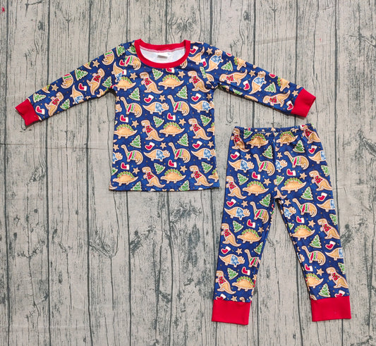 BLP1155 Christmas Dinosaur Boys Boutique Red Long Sleeve Pants Pajamas Set 202510 RTS