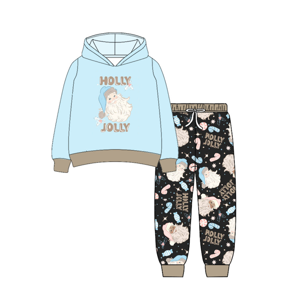 preorder BLP1157 holly jolly Santa Claus Boys Blue Hooded Long Sleeve Pants Set 202506