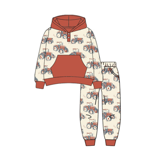 preorder BLP1161 Boys Trucks Pattern Orange Brown Pocket Hooded Long Sleeve Pants Set 202507