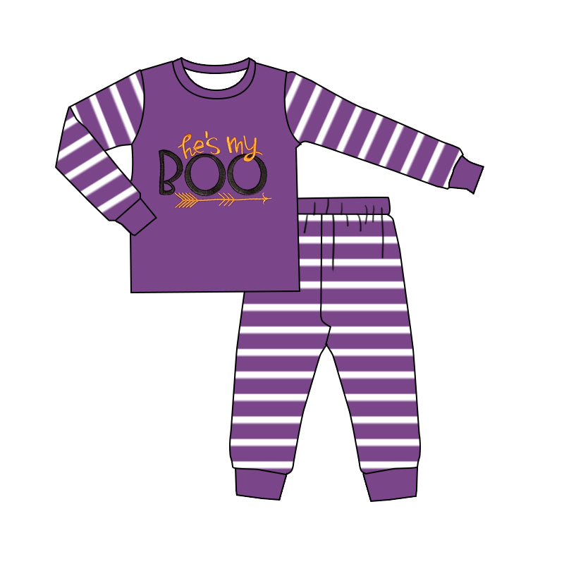 preorder BLP1164 Boys Boo Purple Striped Long Sleeve Pants Pajamas Set 202507