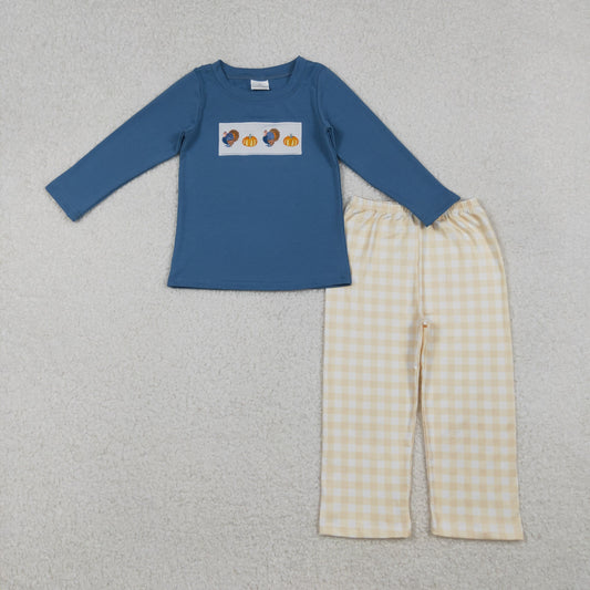 BLP1176 Embroidered Thanksgiving Turkey Gray Blue Long-Sleeved Pants Boys Set 202510 RTS