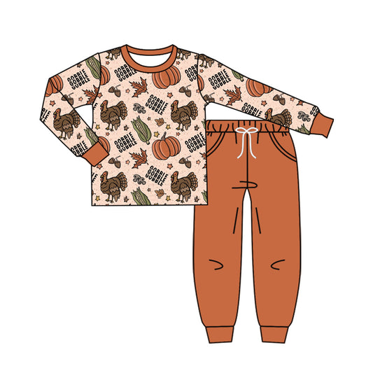 preorder  BLP1181 Thanksgiving Turkey Leaf Brown Long-Sleeved Pants Boys Set 202507