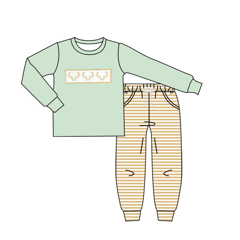 preorder BLP1183 Christmas Antlers Pea Green Long-Sleeved Pants Boys Set 202507