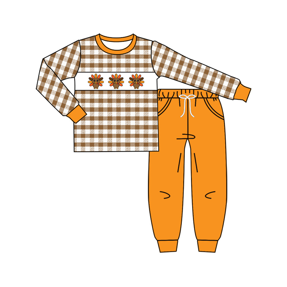 preorder BLP1186 Thanksgiving Turkey Orange Plaid Long-Sleeved Pants Boys Set 202507