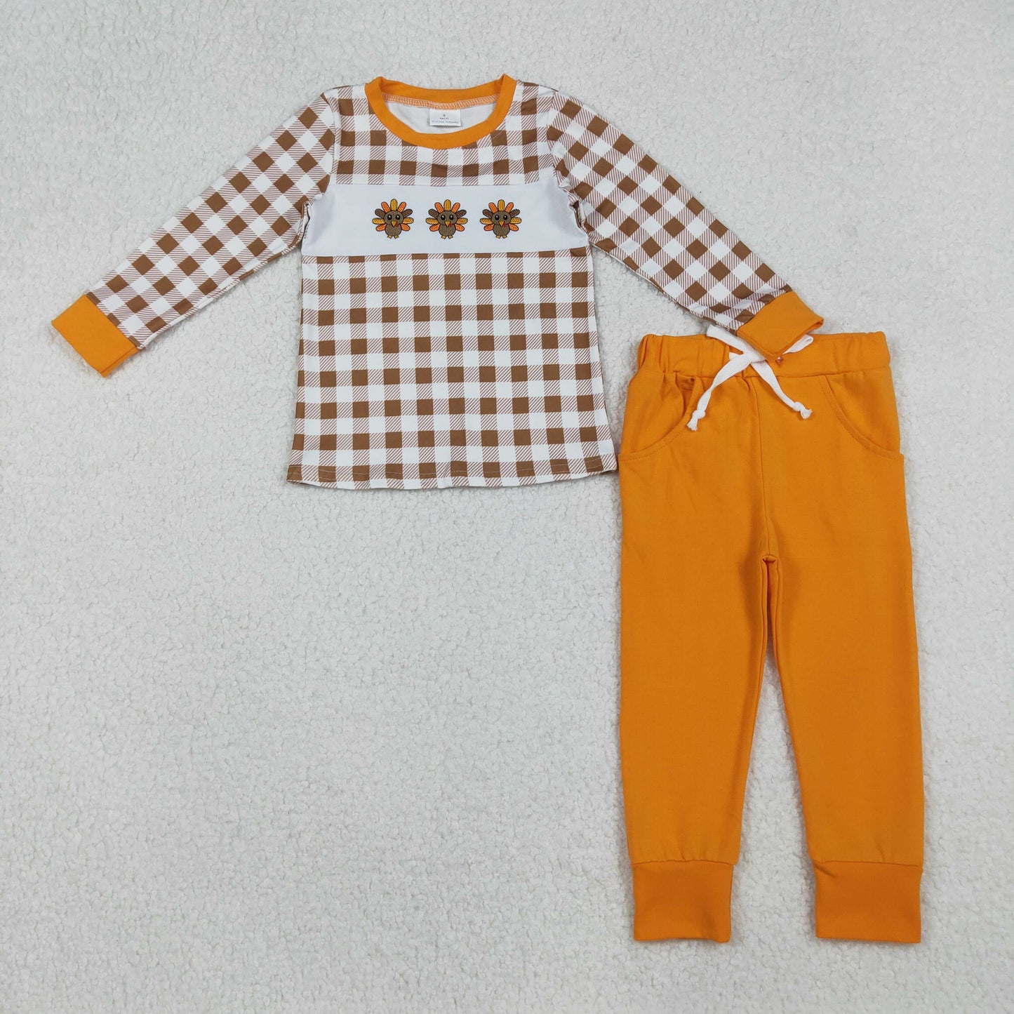BLP1186 Embroidered Thanksgiving Turkey Orange Plaid Long-Sleeved Pants Boys Set 202510 RTS