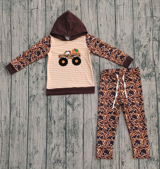 NO MOQ preorder  BLP1192 Thanksgiving Trucks Pumpkin Beige Brown Camouflage Hooded Long-Sleeved Pants Boys Set 202509