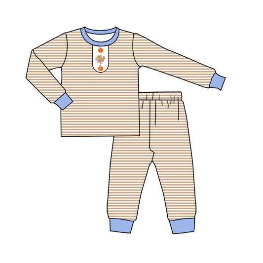 preorder BLP1204 Turkey Pumpkin Light Brown Stripe Long-Sleeved Pants Boys Pajamas Set 202507