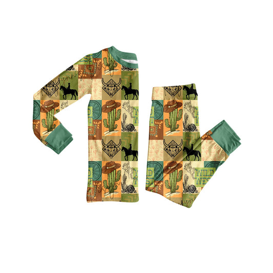 preorder BLP1219 Cowboy Brown Green Plaid Long-Sleeved Pants Boys Pajamas Set 202508