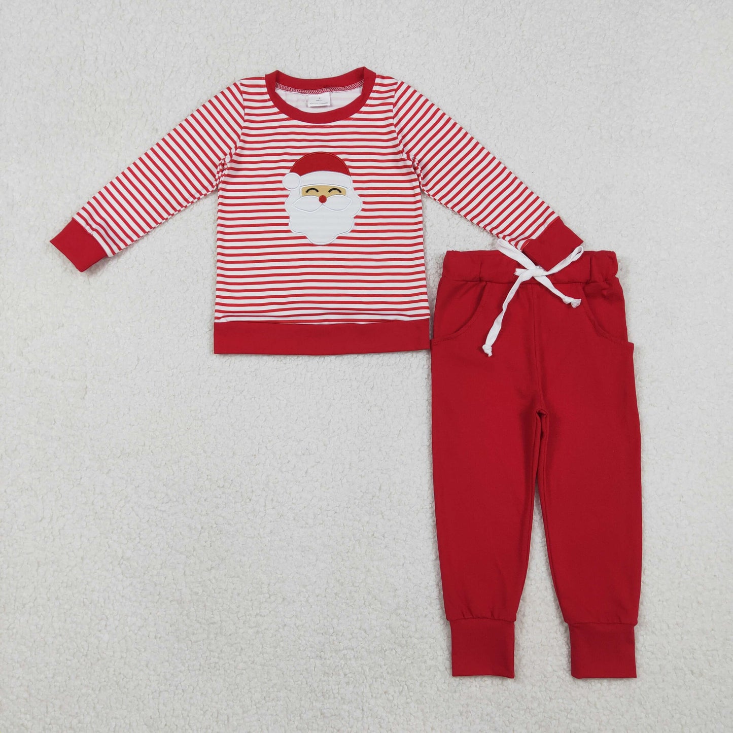 BLP1223 Embroidered Christmas Santa Claus Stripe Red Long-Sleeved Pants Boys Set 202510 RTS