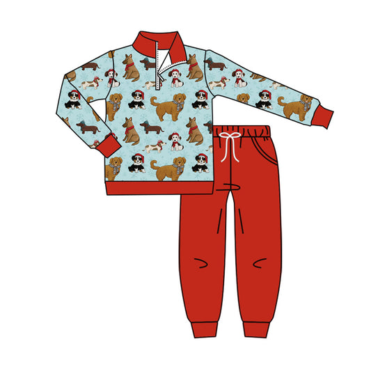 preorder BLP1226 Christmas Puppy Red Zippy Collar Long-Sleeved Pants Boys Set 202508