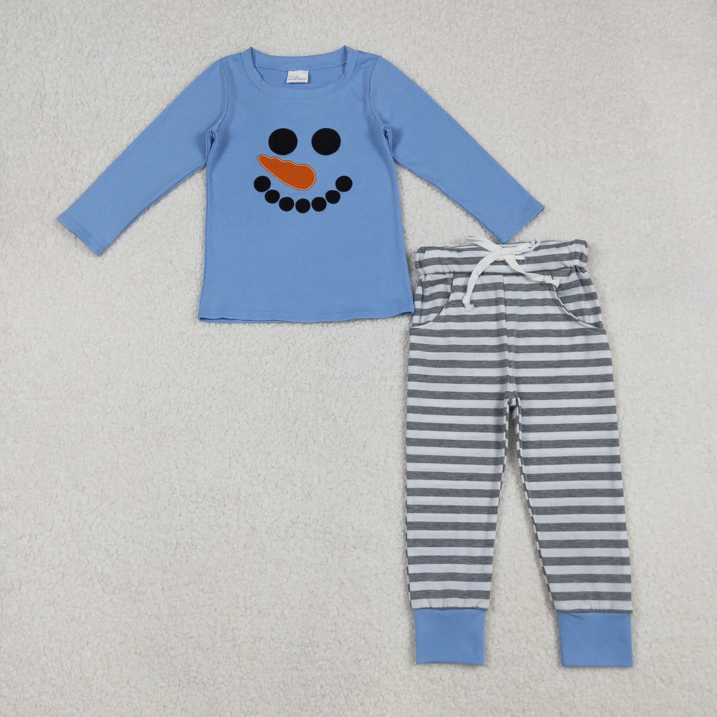BLP1231 Embroidered Christmas Snowman Smile Face Blue Long-Sleeved Stripe Pants Boys Set 202509 RTS