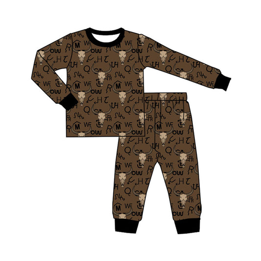 preorder BLP1235 Cowboy Highland Cow Brown Long-Sleeved Pants Boys Pajamas Set 202508