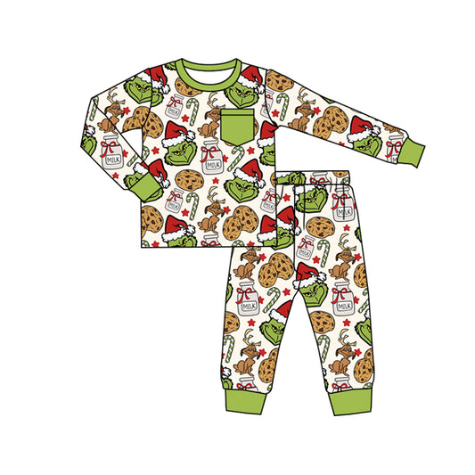 preorder BLP1237 Pocket Christmas Grinch Green Long-Sleeved Pants Boys Pajamas Set 202508