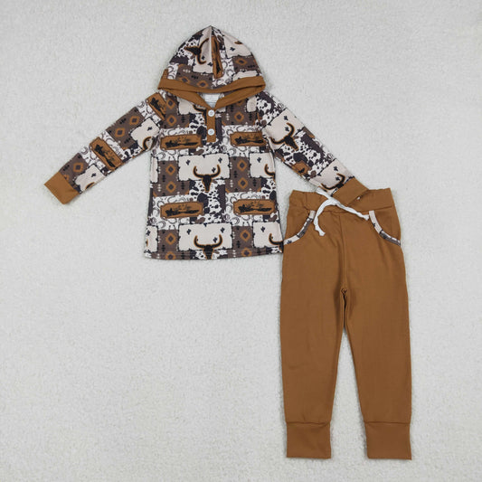 BLP1238 Cowboy Highland Cattle Brown Hooded Long-Sleeved Pants Boys Set 202510 RTS