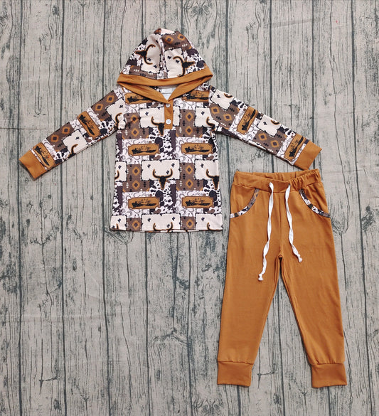 BLP1238 Cowboy Highland Cattle Brown Hooded Long-Sleeved Pants Boys Set 202510 RTS