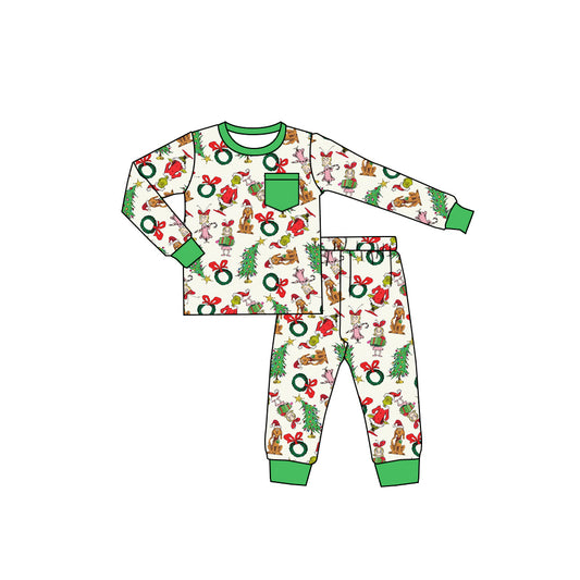 preorder BLP1244 Christmas Grinch Pocket Green Long-Sleeved Pants Boys Set 202508