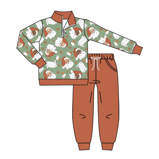 preorder BLP1246 Christmas Santa Claus Brown Green Zipper Collar Long-Sleeved Pants Boys Set 202508