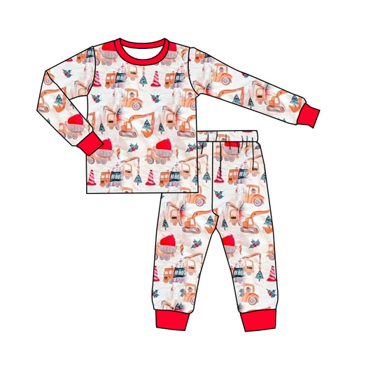 preorder BLP1253 Christmas Construction Truck Roadblock Long Sleeve Long Pants Boys Pajama Set 202508