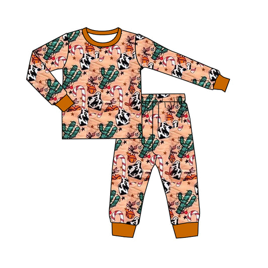 preorder BLP1254 Christmas Cane Cactus Brown Long Sleeve Long Pants Boys Pajama Set 202508