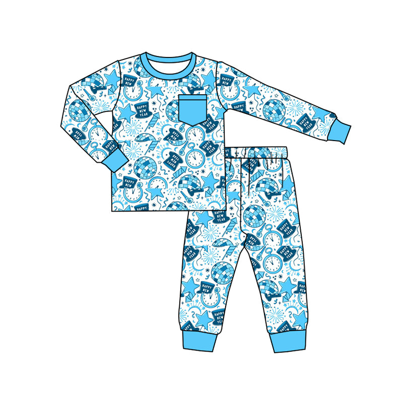 preorder BLP1259 Happy New Year Blue Long-Sleeved Pants Boys Pajamas Set 202508