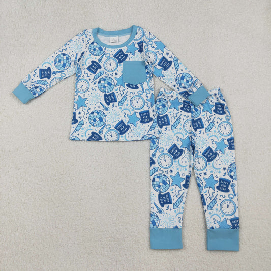 BLP1259-XS-3XL Happy New Year Blue Long-Sleeved Pants Boys Pajamas Set 202510 RTS
