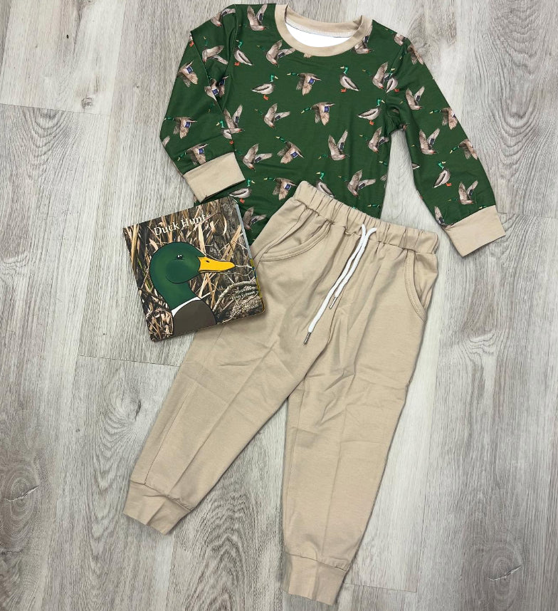 MOQ 8 preorder BLP1261 Duck Hunting Army Green Long-Sleeved Khaki Pants Boys Set 202508